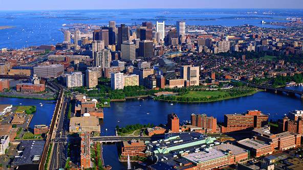 Aerial shot of Boston on a clear day. Photo courtesy of AOL Travel. 